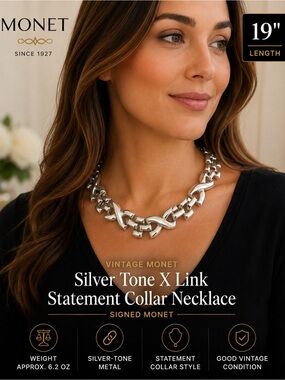 Vintage Monet Signed Silver Tone Statement Collar Necklace X Link 19” classic